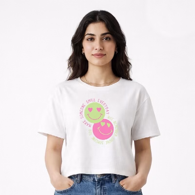 کراپ تی شرت آستین کوتاه زنانه مدل لبخند بساز
