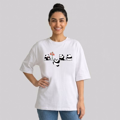 تی شرت آستین سه ربع زنانه مدل باکسی طرح پاندا های بامزه کد v12