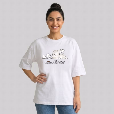 تی شرت آستین سه ربع زنانه مدل باکسی طرح خرگوش و اردک کد v18